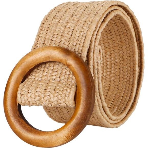 Women Woven Rattan Wide Stretch Straw Belt Khaki - Picture 1 of 6